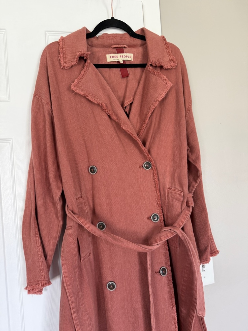 Free People Dusty Rose Long Coat Jacket Belted Double Breasted Trench Coat - Picture 5 of 11